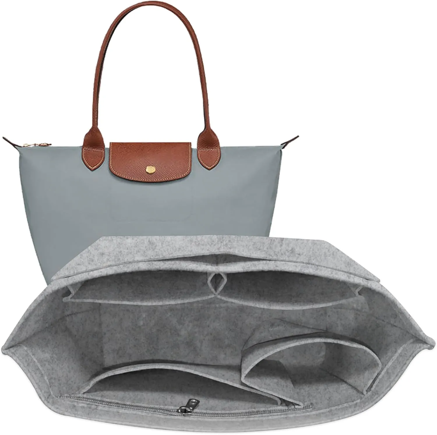 Purse Organizer Insert Handbag Organizer for Longchamp Bag,Bag Organizer Insert with Divider Pocket and Zipper Inner Bag Liner for le pliage Tote (Beige, Small)
