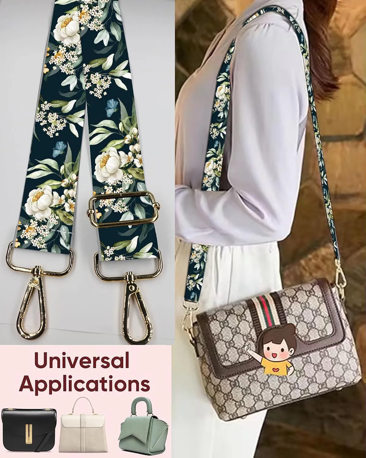 Purse Strap Replacement Belt Crossbody 1.5" Wide Golden Buckle Cute Shoulder Strap Durable Adjustable Guitar Straps for Canvas Bag Handbag Beautiful Flowers