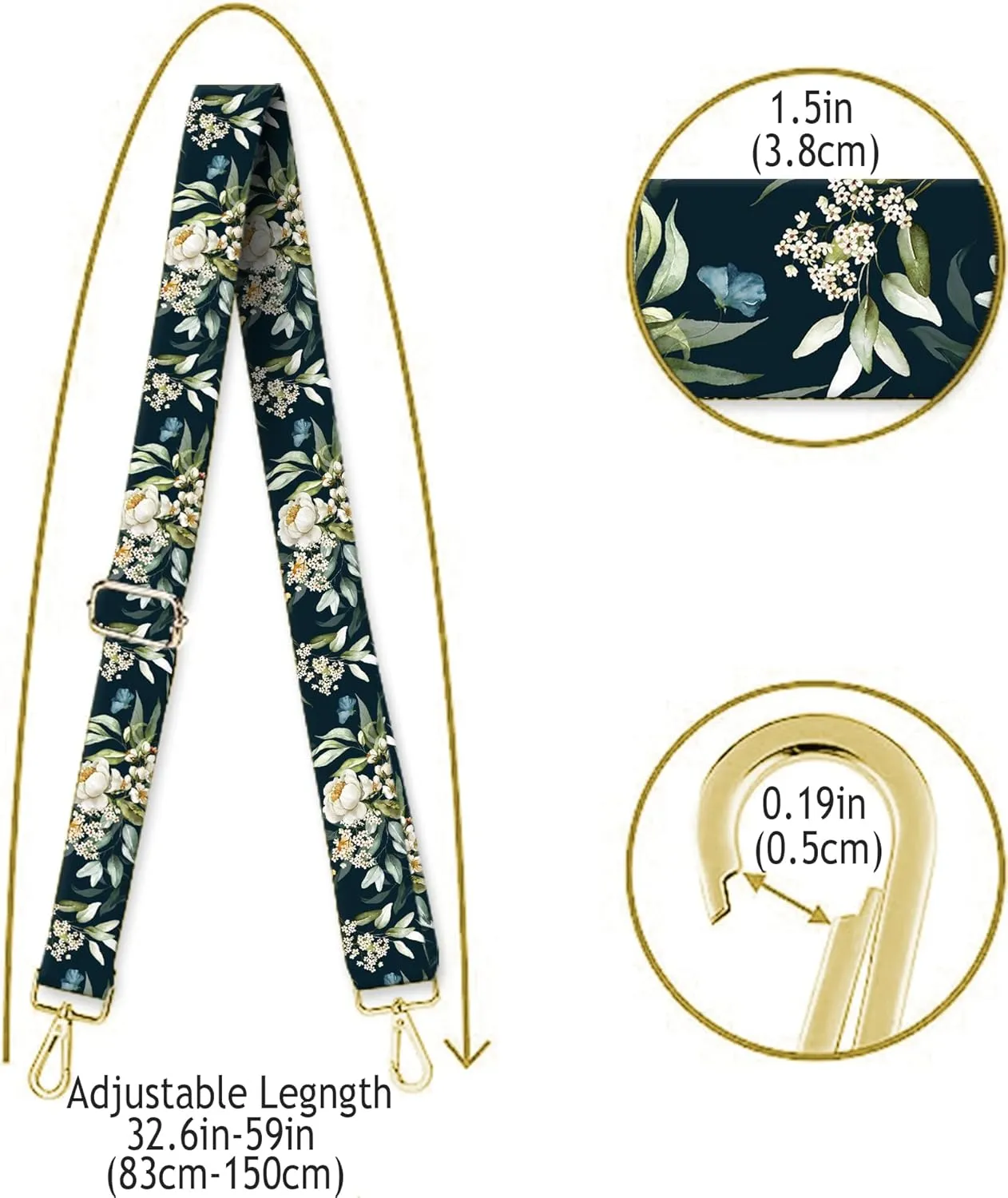Purse Strap Replacement Belt Crossbody 1.5" Wide Golden Buckle Cute Shoulder Strap Durable Adjustable Guitar Straps for Canvas Bag Handbag Beautiful Flowers