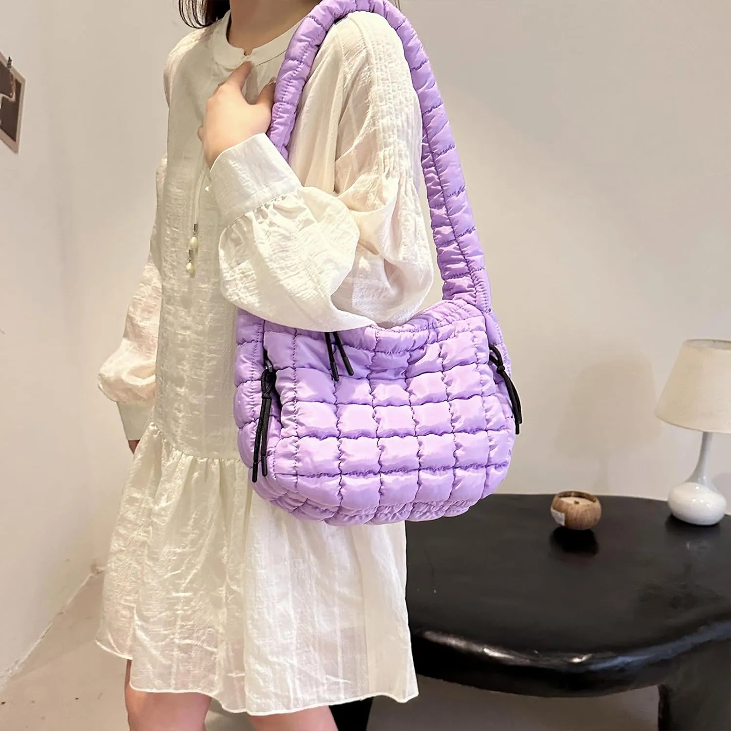 Quilted Tote Bag - Small Lightweight Puffer Hobo Bag for Women