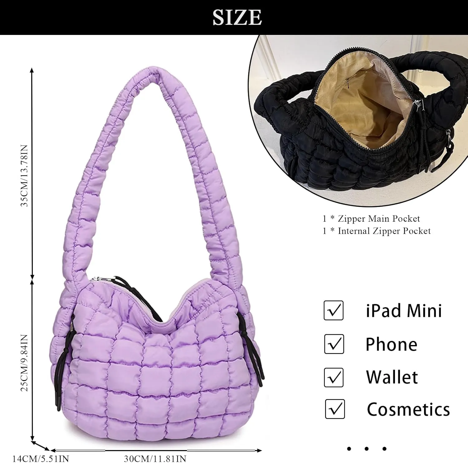 Quilted Tote Bag - Small Lightweight Puffer Hobo Bag for Women