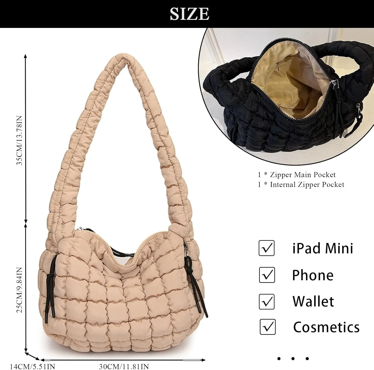 Quilted Tote Bag - Small Lightweight Puffer Hobo Bag for Women