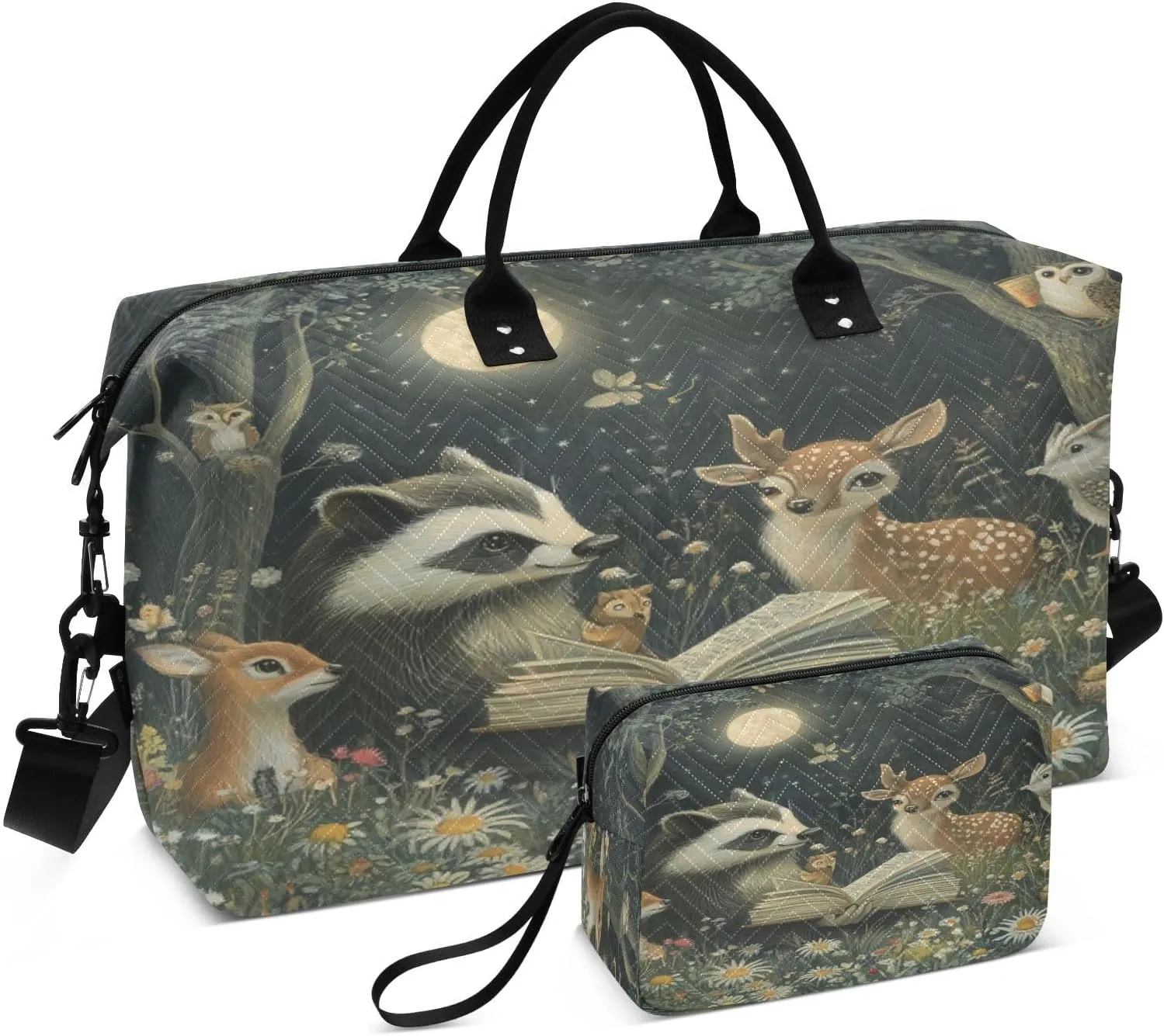 Raccoon Deer Owl Dark Sports Gym Bag for Women Men Travel Duffel Bag Weekend Overnight Carry on Bag with Toiletry Bag Training Handbag for Swimming Yoga Workout Hospital Plane