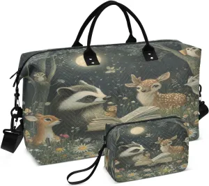 Raccoon Deer Owl Dark Sports Gym Bag for Women Men Travel Duffel Bag Weekend Overnight Carry on Bag with Toiletry Bag Training Handbag for Swimming Yoga Workout Hospital Plane