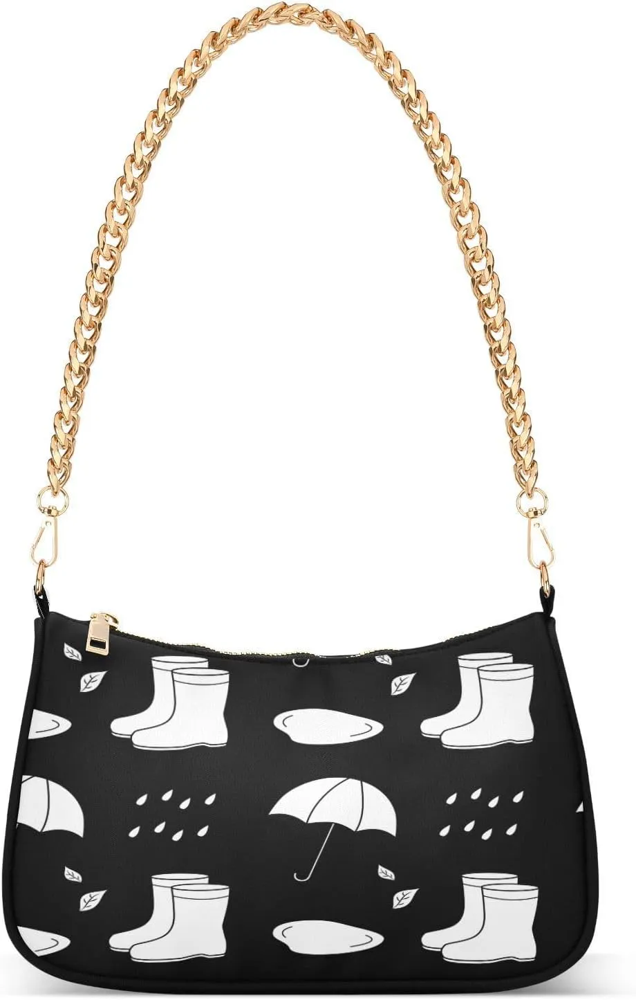 Rain Boots Puddles Raindrops Leaves Womens Shoulder Bag for Women Girls Hobo Tote Handbag Gold Chain Crossbody Bag with Zipper Clutch Purse Handbags for Party