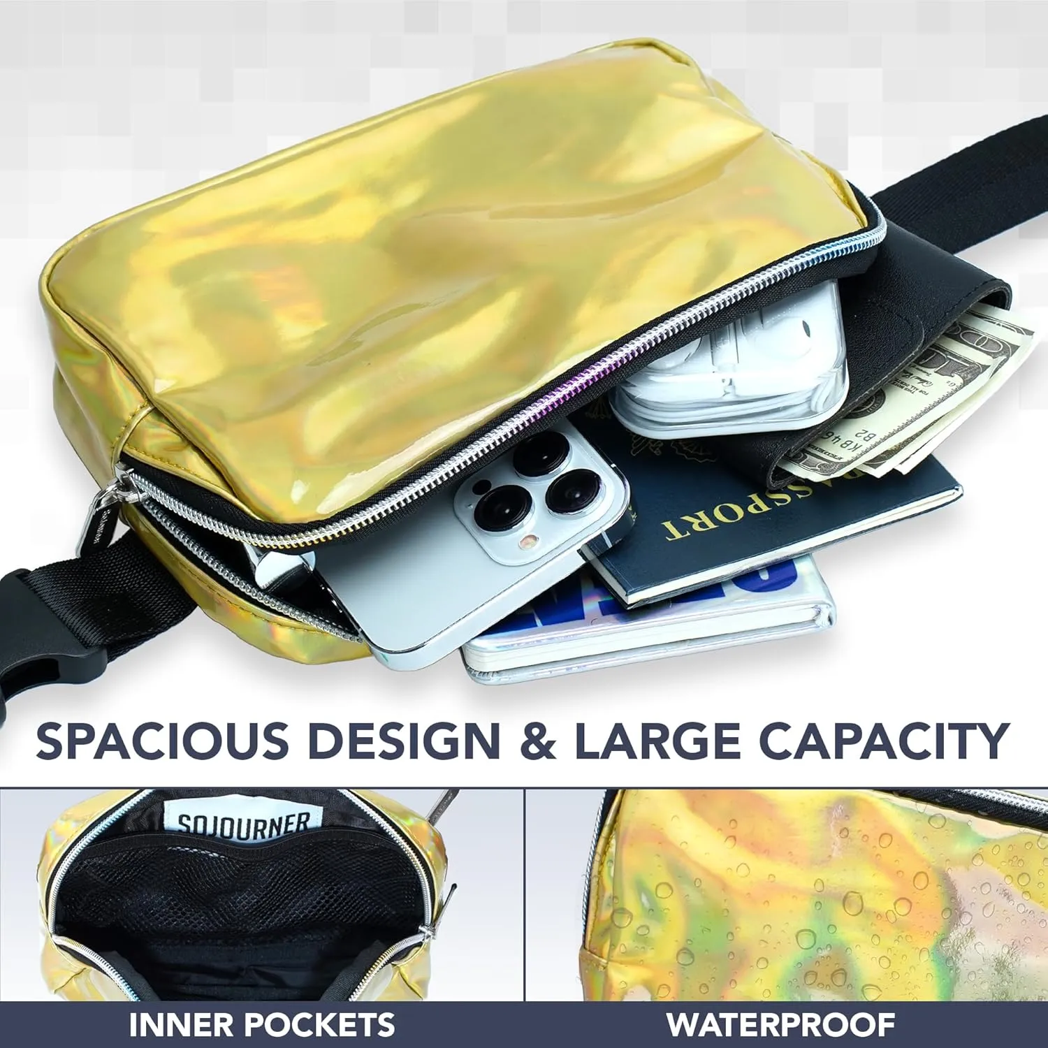 Rave Holographic Gold Crossbody Belt Bag for Women – Stylish Fanny Pack, Functional and Fashion Waist Packs for Travel, Festivals, and Everyday Use