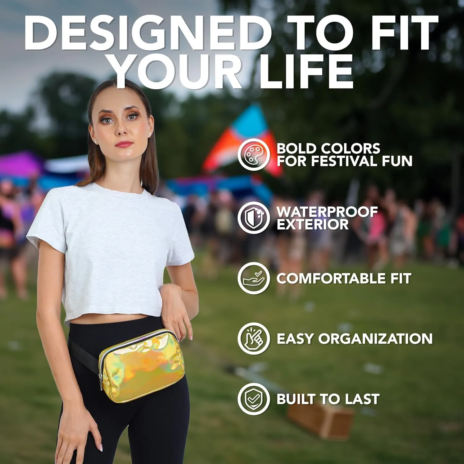 Rave Holographic Gold Crossbody Belt Bag for Women – Stylish Fanny Pack, Functional and Fashion Waist Packs for Travel, Festivals, and Everyday Use