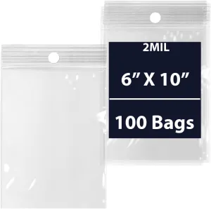 Reclosable Hang Hole Zip Poly Bags, 2Mil 6" X 10" & 100 Bags | LDPE Material, Clear Plastic with Resealable Lock Seal Zipper | Resealable Zip Top Lock For Travel, Storage, Packaging & Shipping