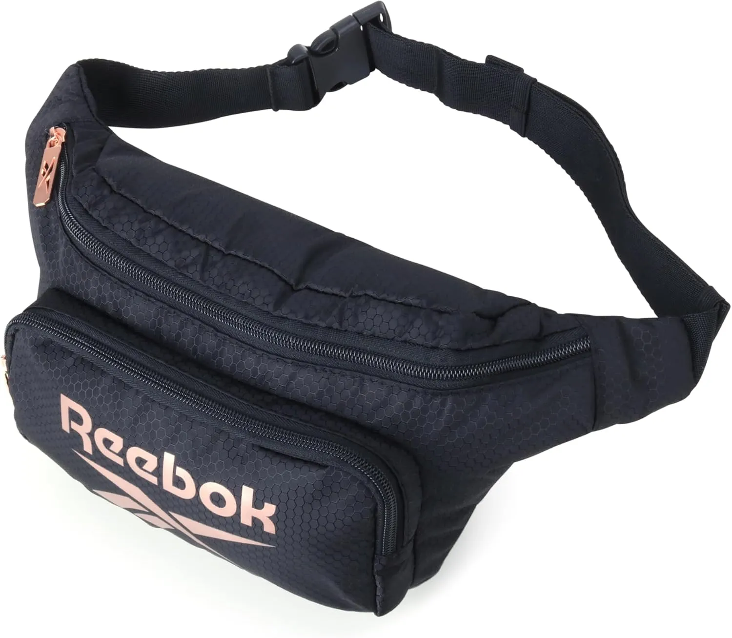 Reebok Fanny Pack - Lightweight Stylish Crossbody Waist Belt Bags for Women and Men with Adjustable Strap, Size One Size, Davis Black With Rose Gold Logo