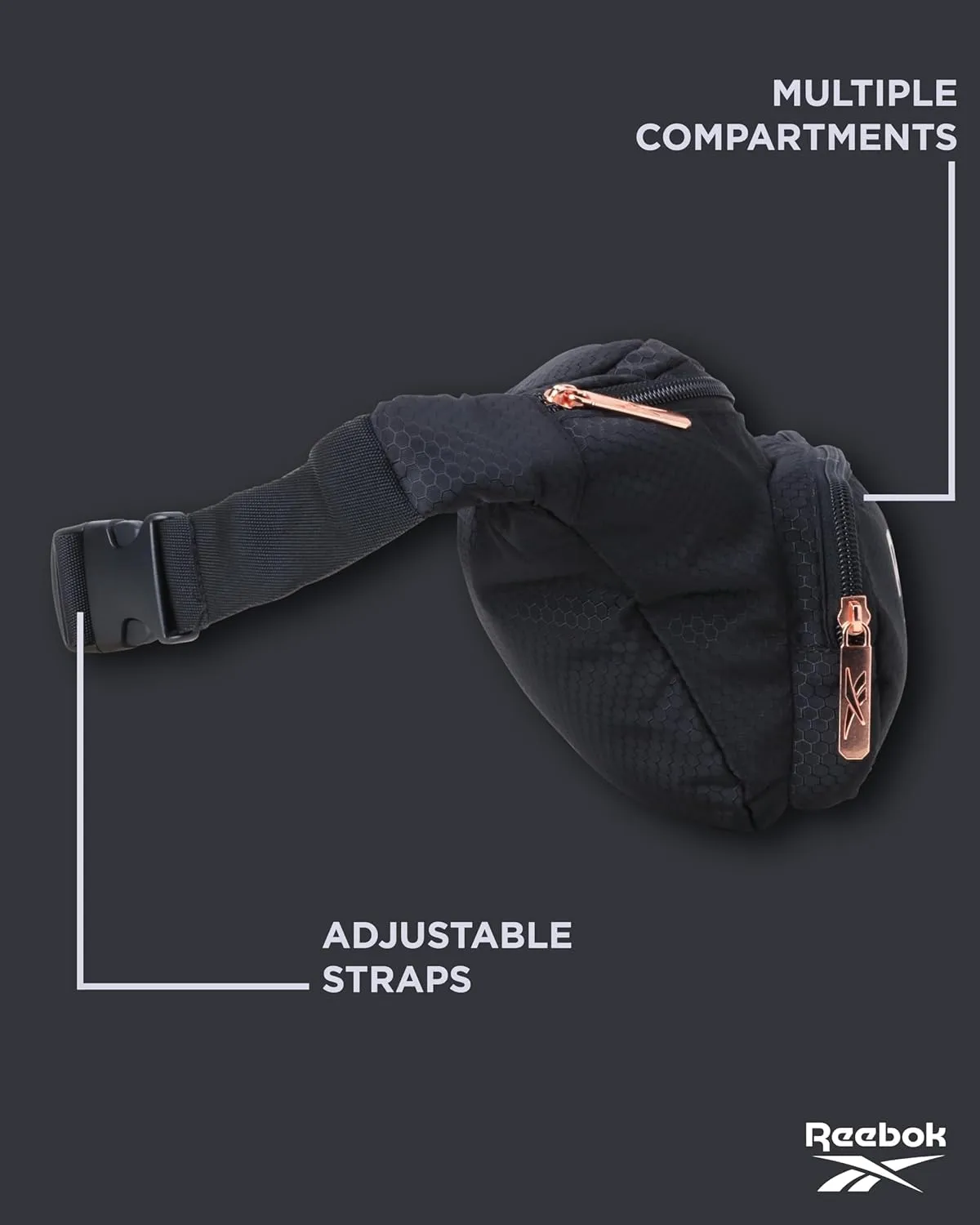 Reebok Fanny Pack - Lightweight Stylish Crossbody Waist Belt Bags for Women and Men with Adjustable Strap, Size One Size, Davis Black With Rose Gold Logo