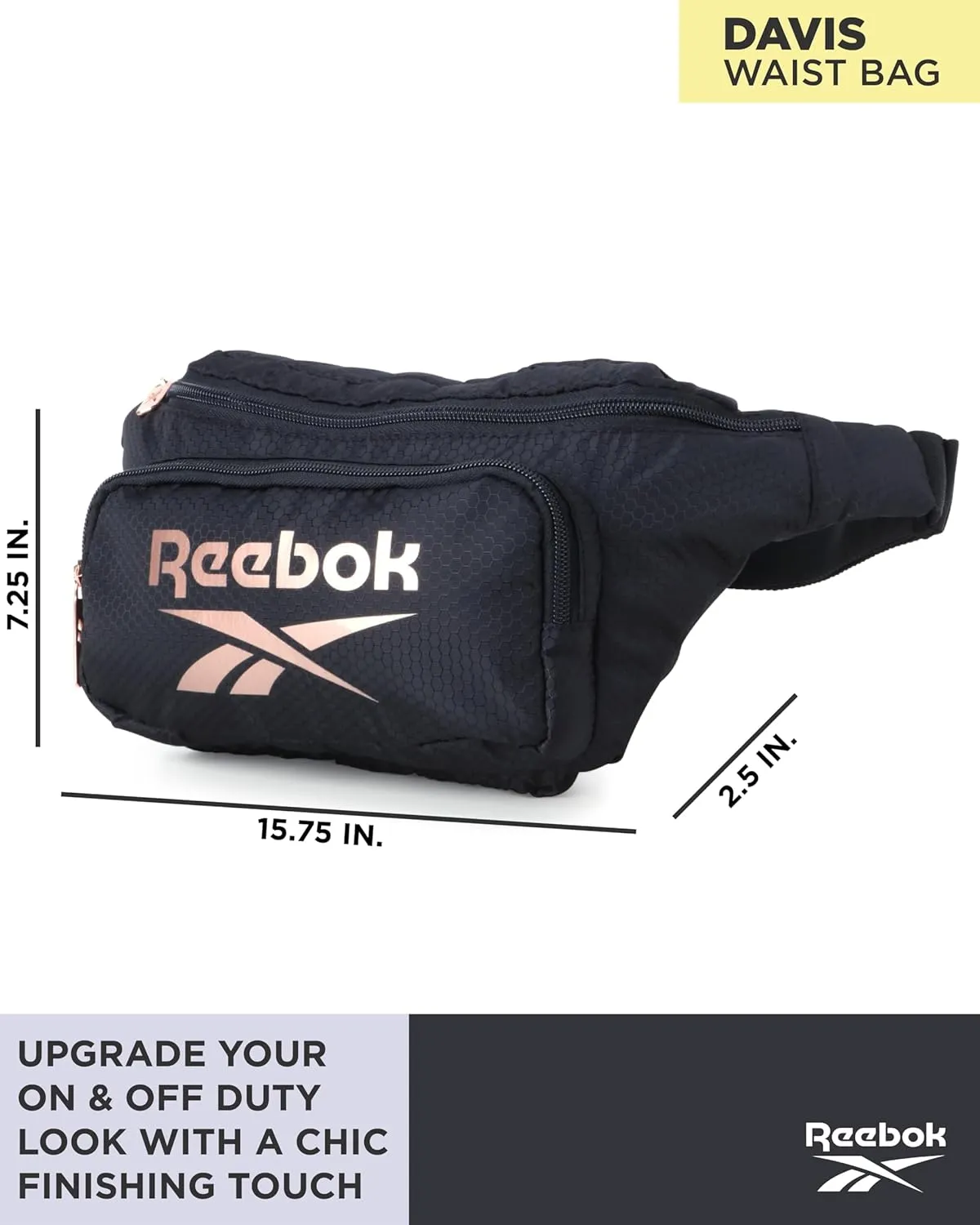 Reebok Fanny Pack - Lightweight Stylish Crossbody Waist Belt Bags for Women and Men with Adjustable Strap, Size One Size, Davis Black With Rose Gold Logo