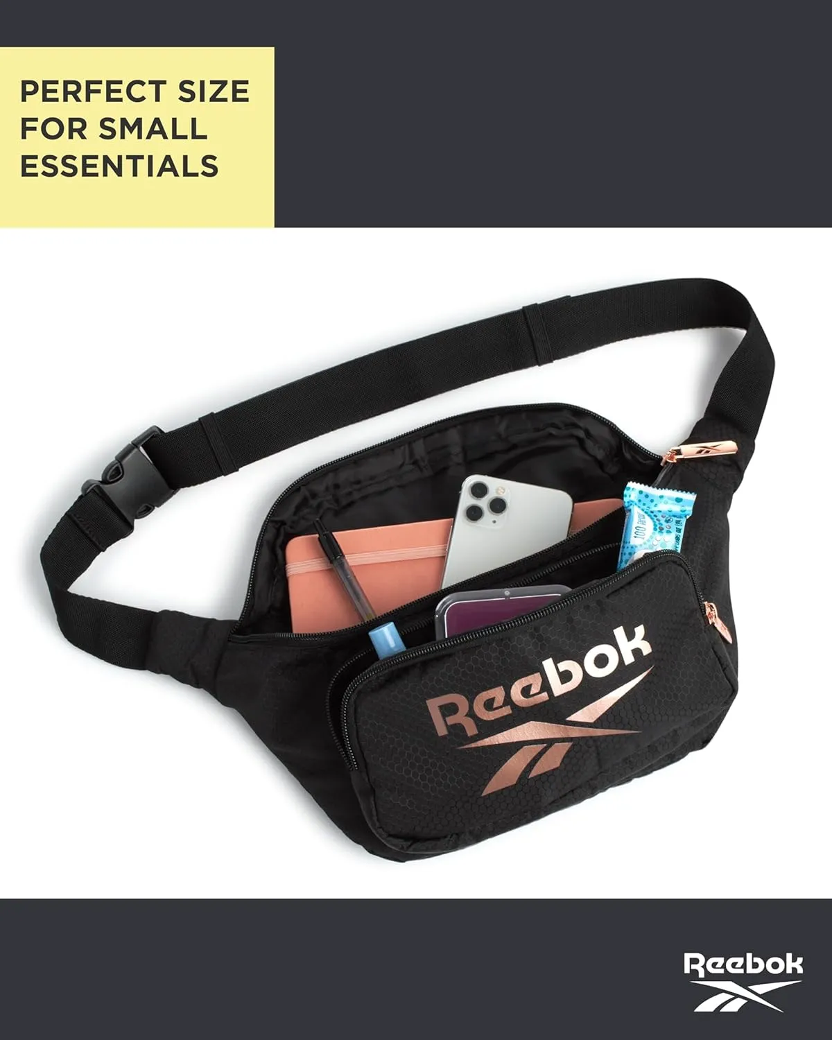 Reebok Fanny Pack - Lightweight Stylish Crossbody Waist Belt Bags for Women and Men with Adjustable Strap, Size One Size, Davis Black With Rose Gold Logo