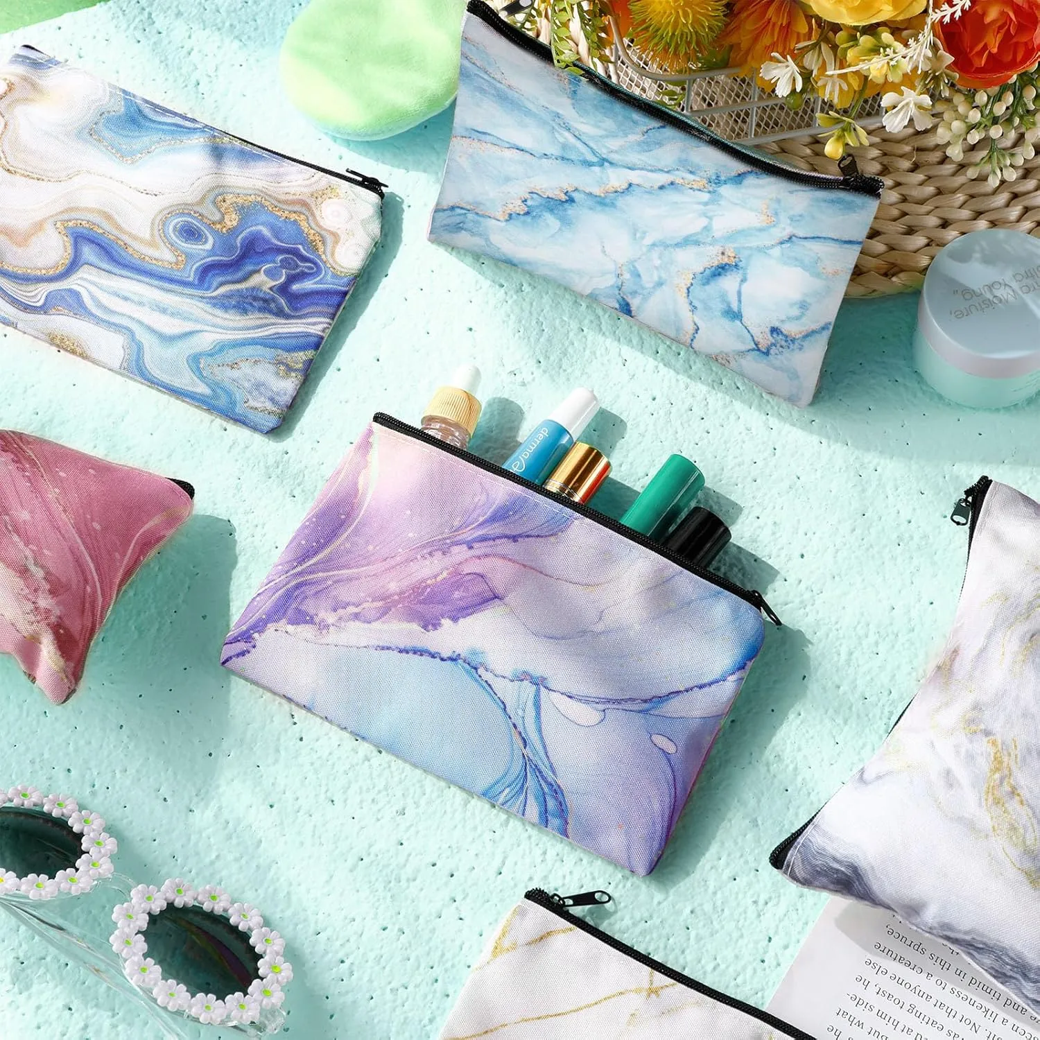 Reginary 20 Pieces Cosmetic Bag for Women, Roomy Makeup Bags with Zipper Toiletry Bag Pouch Travel Packing Accessory Organizer Gifts, 7 x 4.3 Inches (Marble)