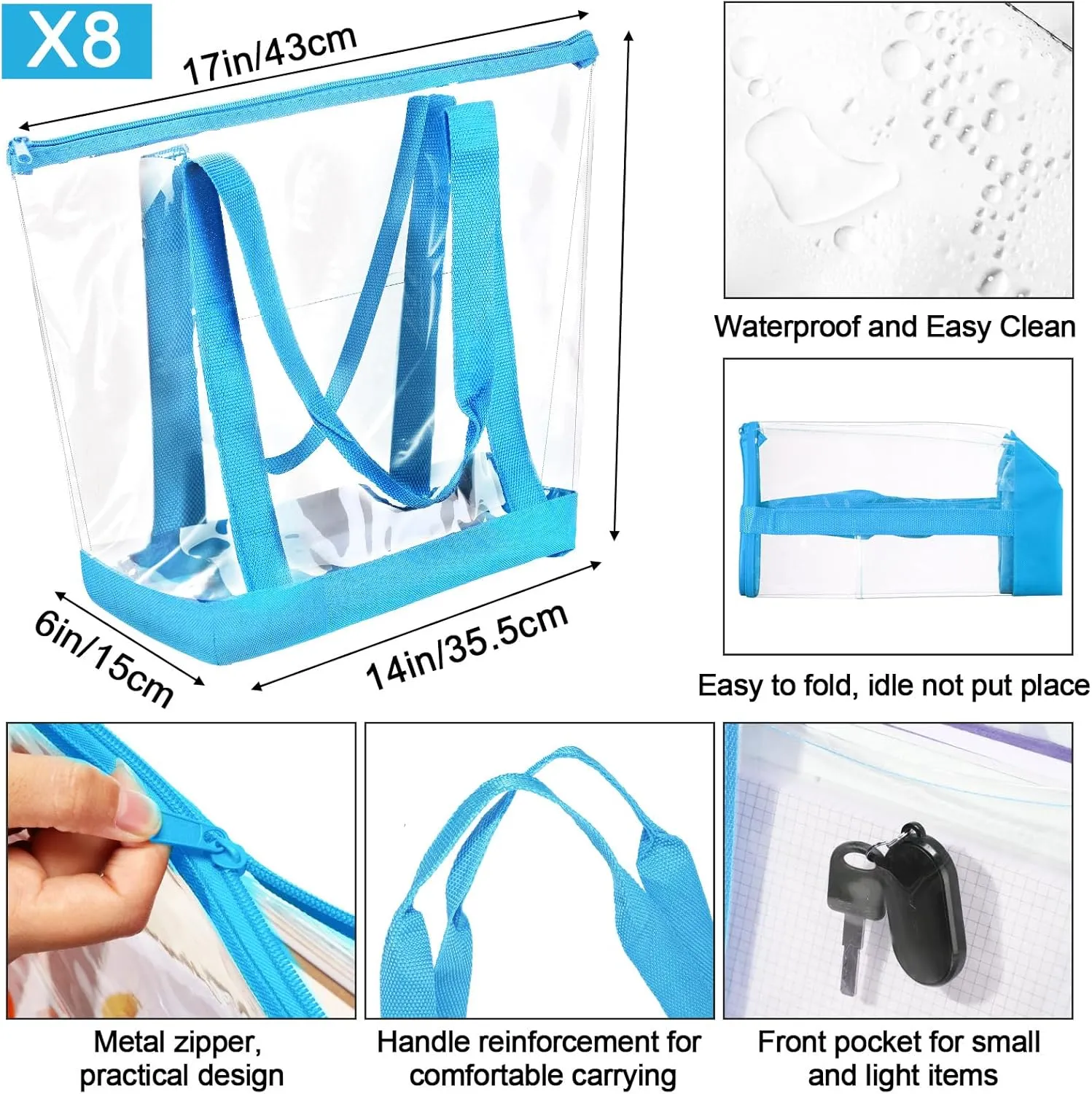 Reginary 8 Pieces Clear Tote Bags Shoulder Handbag Security Approved See Through Bag with Zipper Closure for Travel Work