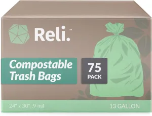 Reli. Compostable 13 Gallon Trash Bags | 75 Count | ASTM D6400 | Green | Eco-Friendly | For Compost