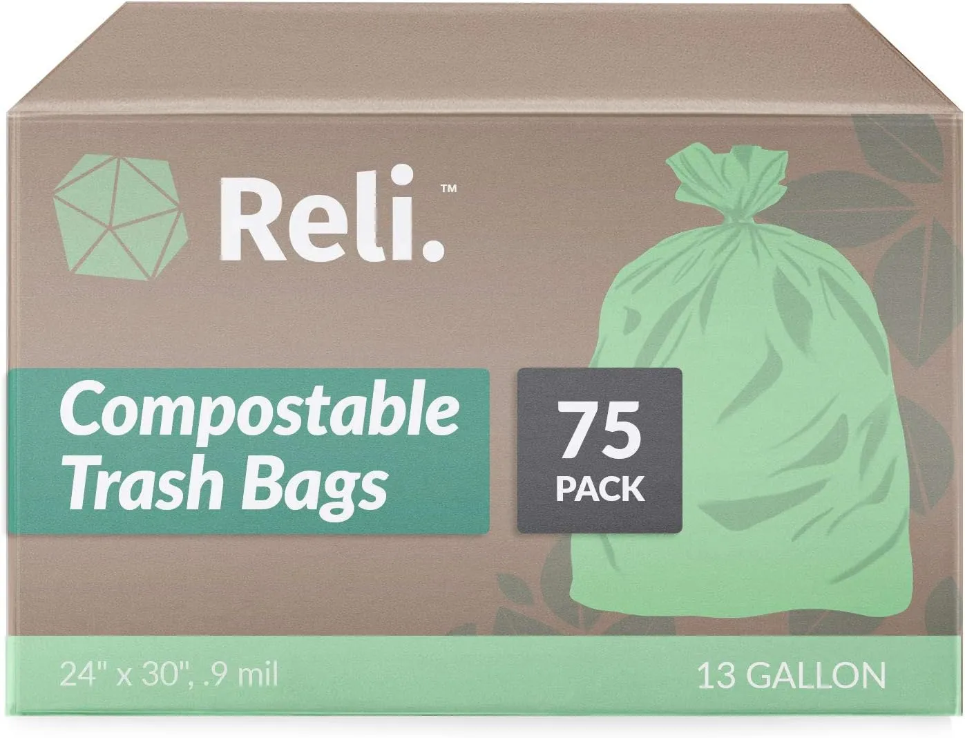Reli. Compostable 13 Gallon Trash Bags | 75 Count | ASTM D6400 | Green | Eco-Friendly | For Compost
