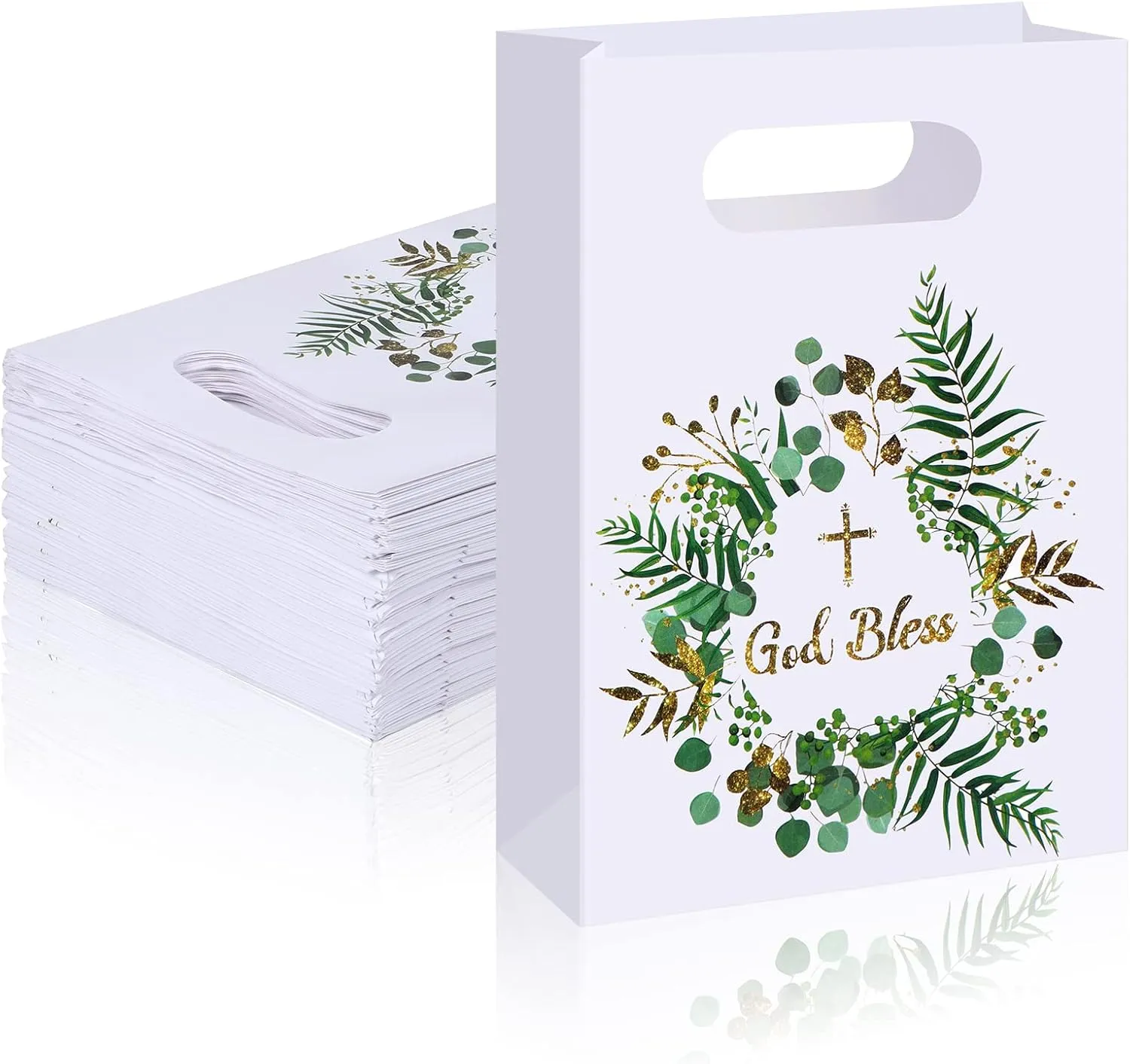 Religious Party Favor Cross Paper Bags - God Bless Treat Bags for First Communions, Christenings, Baptism, Easter (120 Pack)