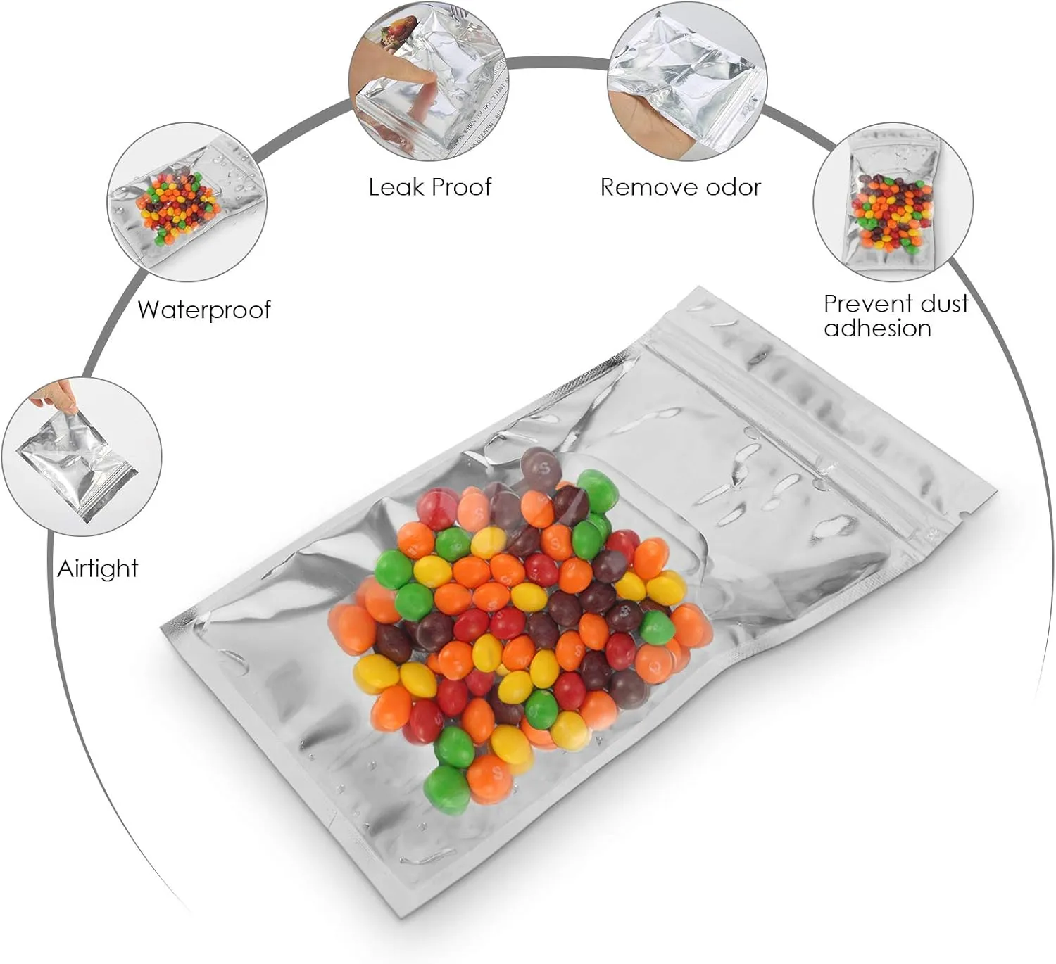 Resealable Mylar Bags | 100 Pcs 5.5 X 7.8 Inch | Smell Proof Bag Heat Seal Cute Packaging Foil Food Sealable Small Front Clear Plastic Silver for Storage Candy Beef Jerky Jewerly Product