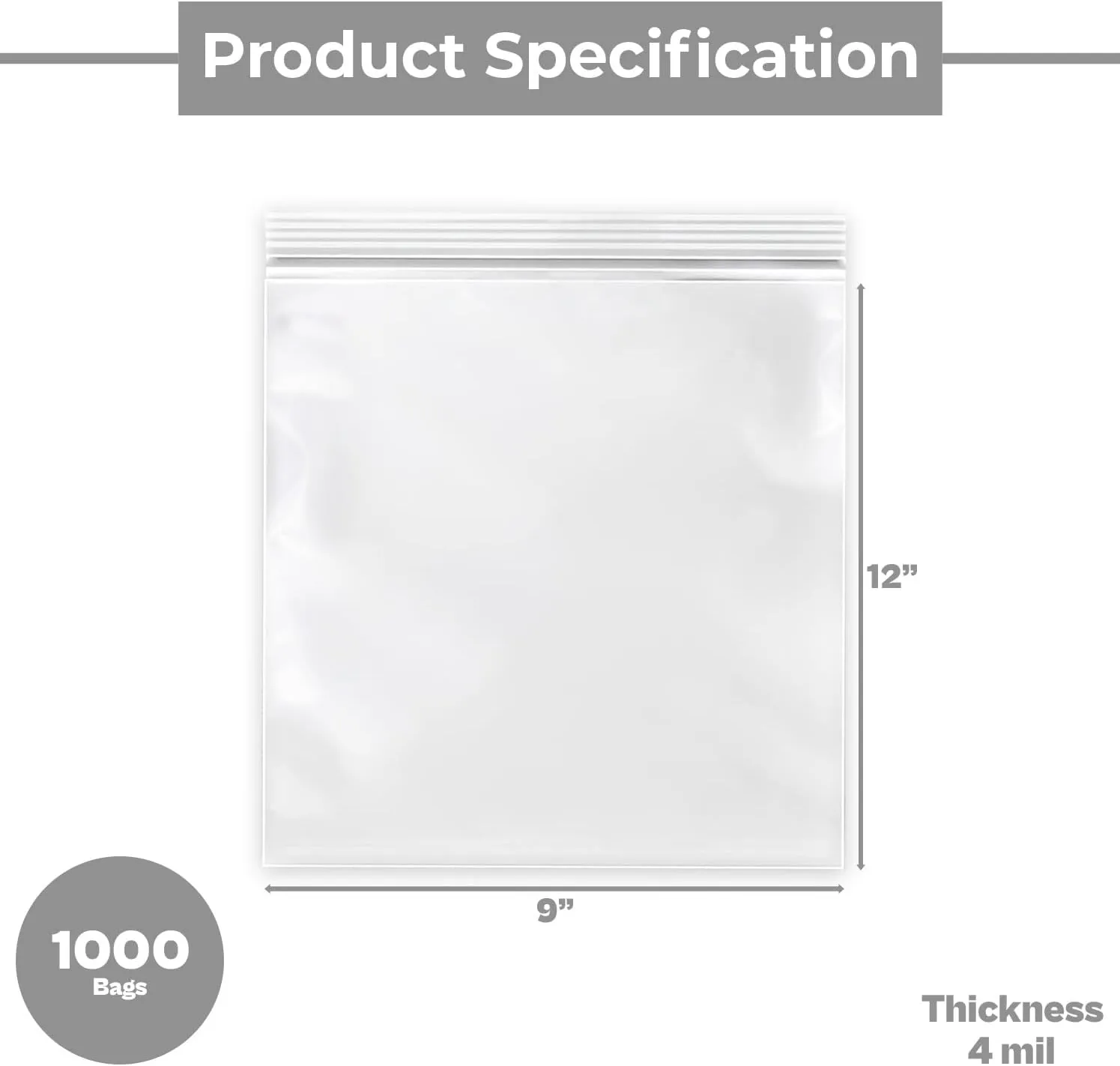 Resealable Poly Bags for Storage, 9 x 12 Inch, 1000 Pack, 4 Mil, Zipper Lock Closure, Reclosable Plastic Zip Bags, Plain