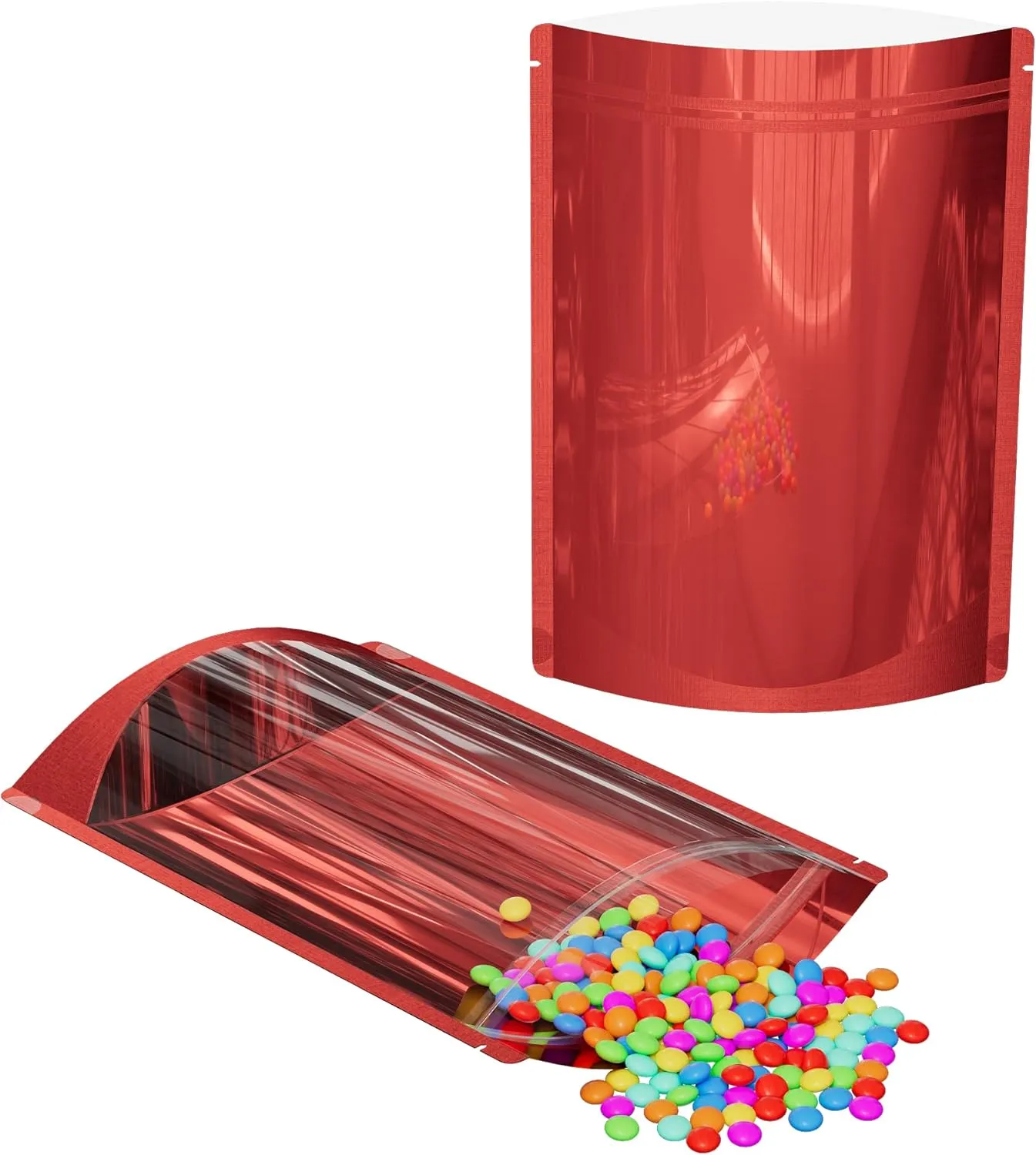 Resealable Zipper Seal Clear Window & Color Metallic Mylar Food, Beauty Packaging Stand Up Heat Sealable Pouch with Tear Notch for Small Business, Home Use (Red, 7.09 inch x 10.24 inch)