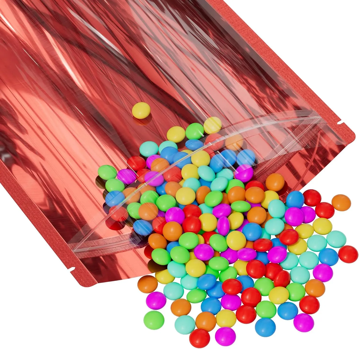 Resealable Zipper Seal Clear Window & Color Metallic Mylar Food, Beauty Packaging Stand Up Heat Sealable Pouch with Tear Notch for Small Business, Home Use (Red, 7.09 inch x 10.24 inch)