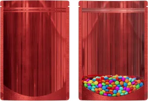 Resealable Zipper Seal Clear Window & Color Metallic Mylar Food, Beauty Packaging Stand Up Heat Sealable Pouch with Tear Notch for Small Business, Home Use (Red, 7.09 inch x 10.24 inch)