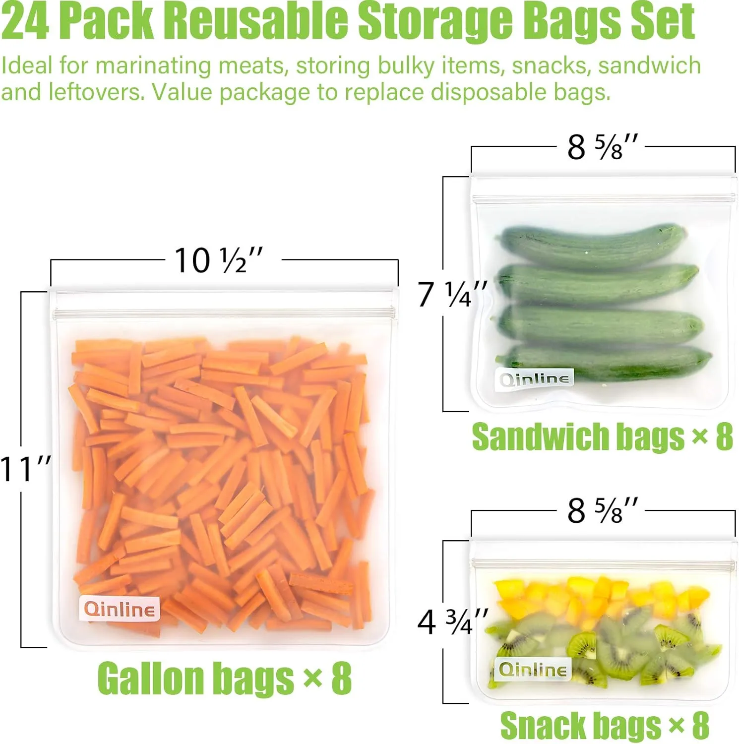 Reusable Food Storage Bags - 24 Pack Dishwasher Safe Freezer Bags, BPA Free Reusable Bags PEVA material, Leakproof Reusable Lunch Bag for Salad Fruit Travel - 8 Gallon 8 Sandwich 8 Snack Bags