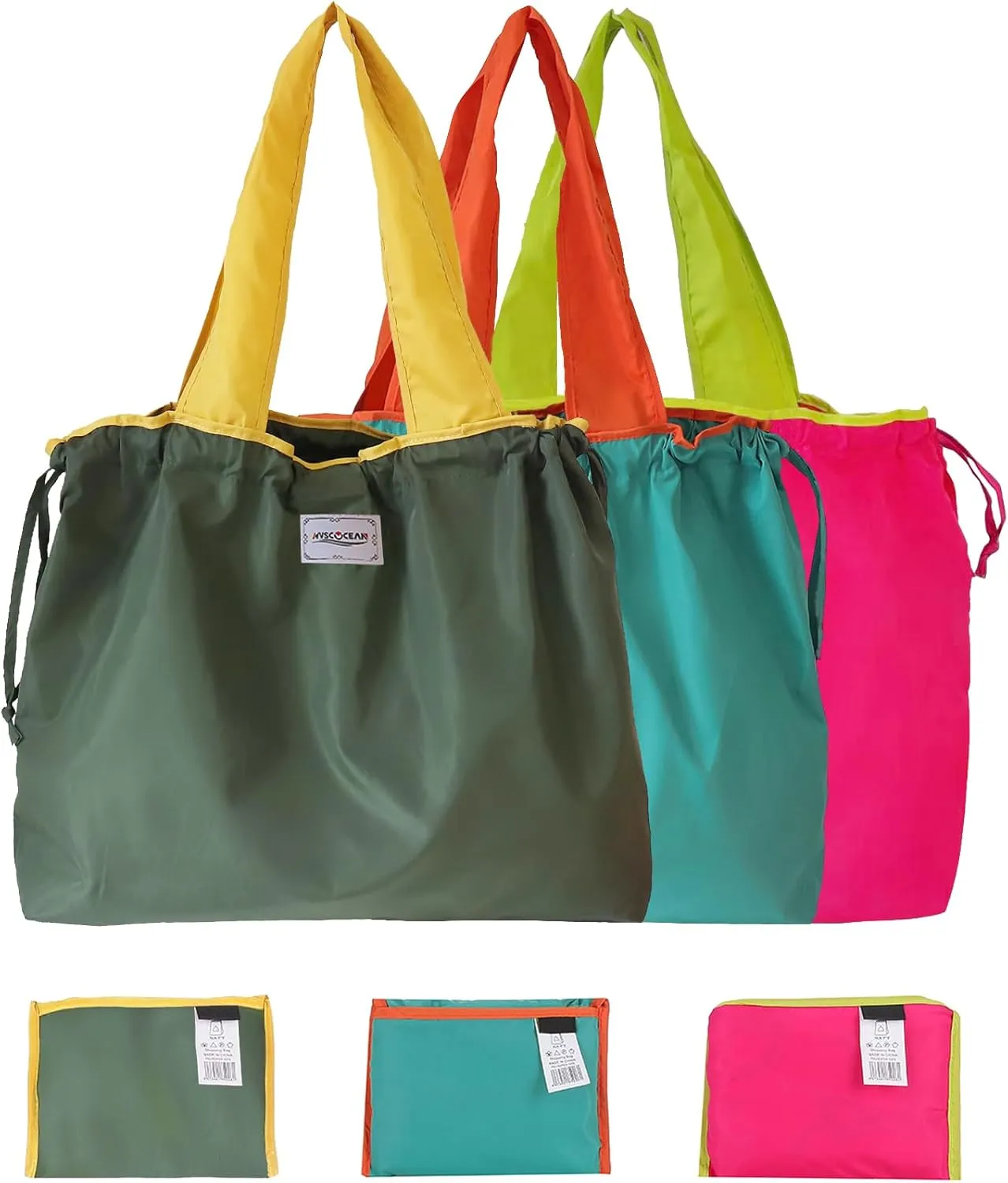 Reusable Grocery Bags, Colorful Shopping Bags,Machine Washable,Foldable,Durable,Lightweight,Set of 3 (Green,Lake Blue,Fuchsia)