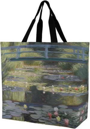 Reusable Grocery Bags Water Lily Pond Shopping Bag Lightweight Shoulder Bags Large Tote Bag for Travel Work Handbag