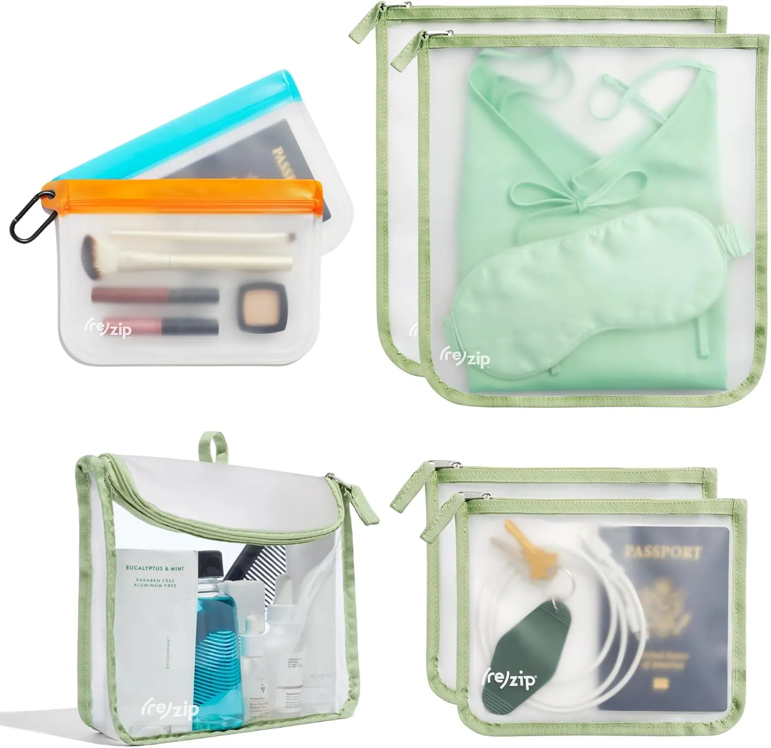 (re)zip Ultimate TSA Travel Kit | 7-Piece Set Including TSA-Compliant Travel Quart, Zippered Gallon and Medium Bags, and Carabiner Clip On Bags | For Snacks, Documents, Toiletries, & More