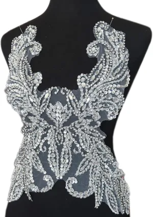 Rhinestones Applique Bodice Patch with Glass Crystal and Handsewing Beads for Wedding Evening Dresses 30x48cm (White Silver)