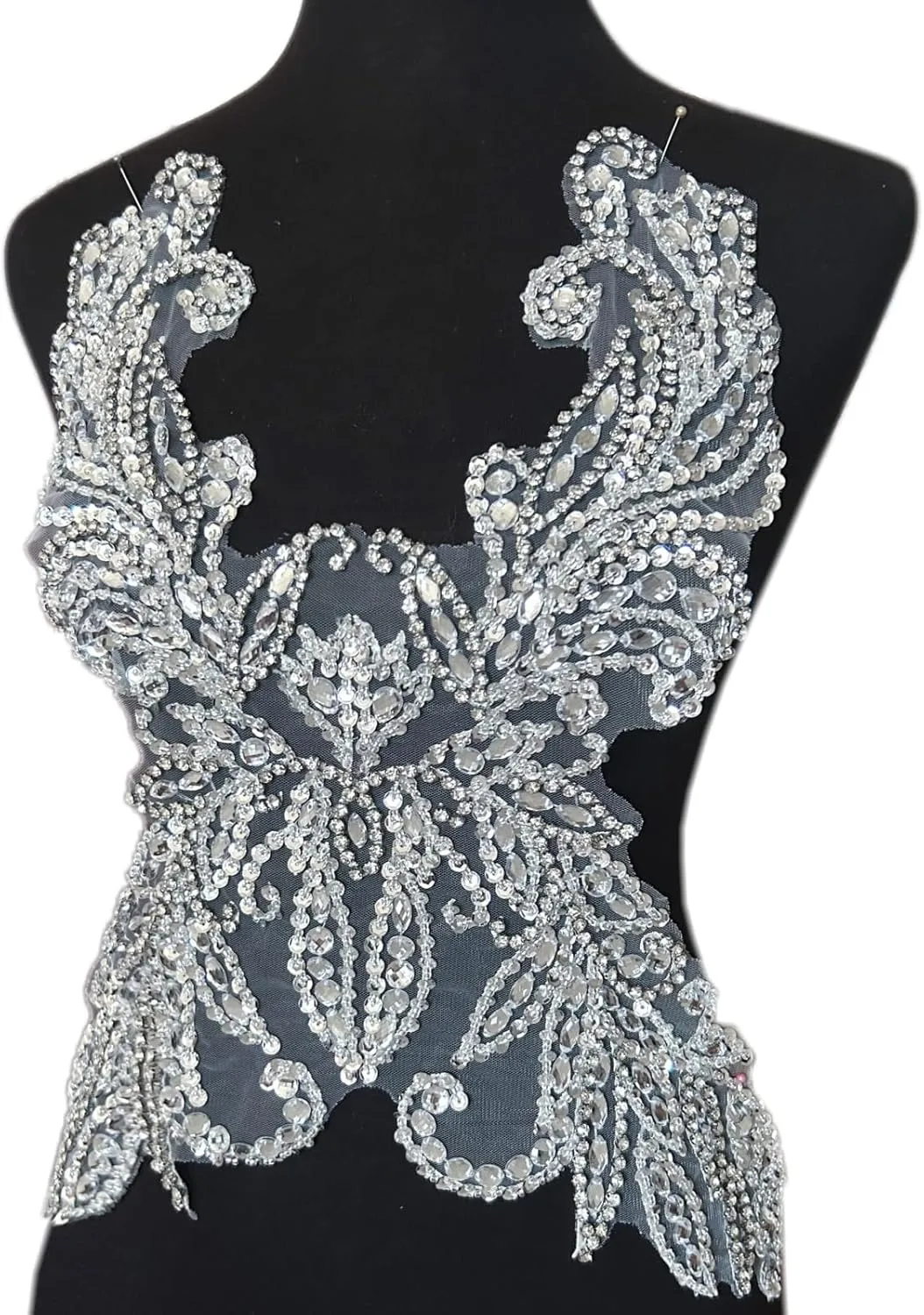 Rhinestones Applique Bodice Patch with Glass Crystal and Handsewing Beads for Wedding Evening Dresses 30x48cm (White Silver)