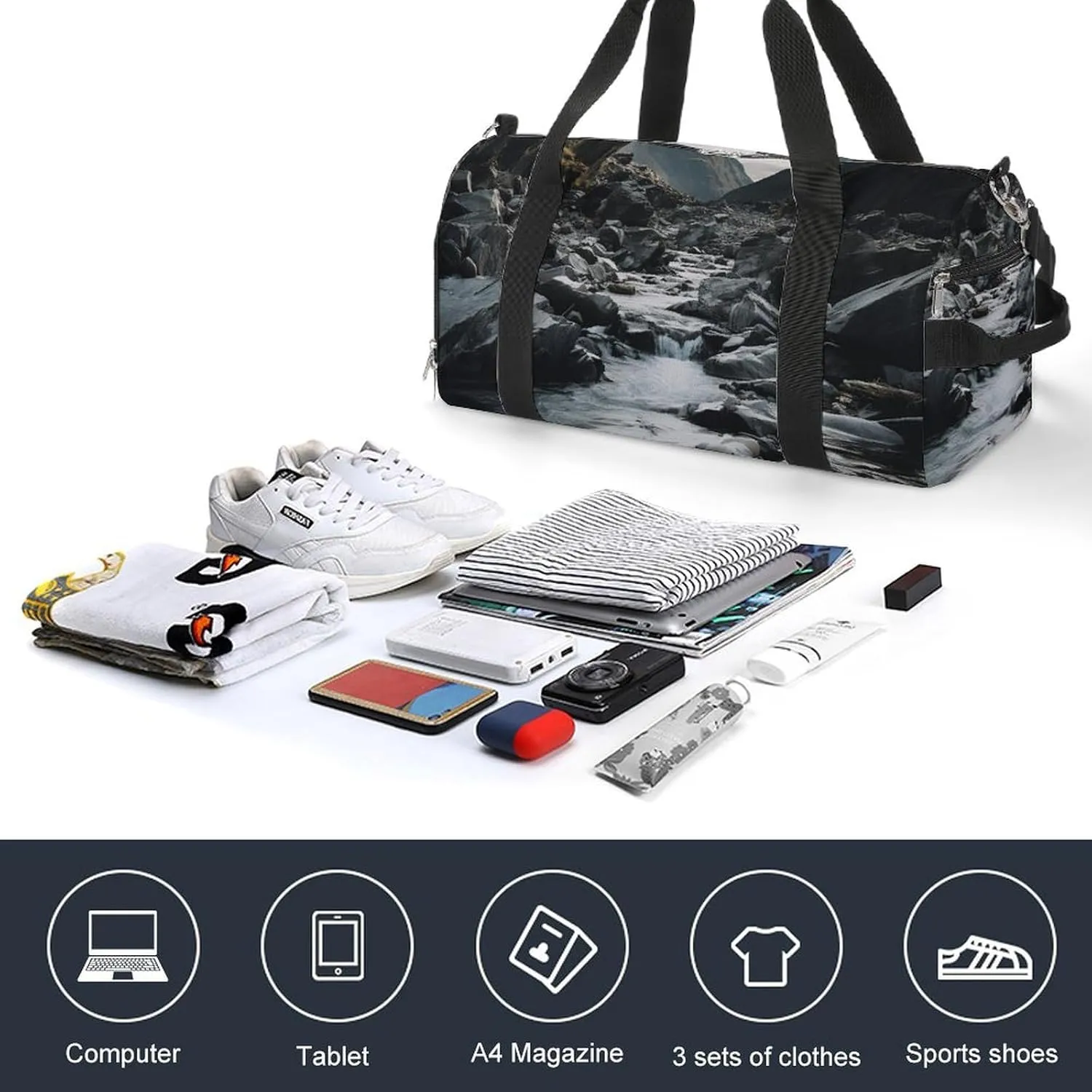 River And Gray Rocks Sports Gym Bag Carry on Holdalls for Men Small Duffel Bags for Women with Shoe Compartment