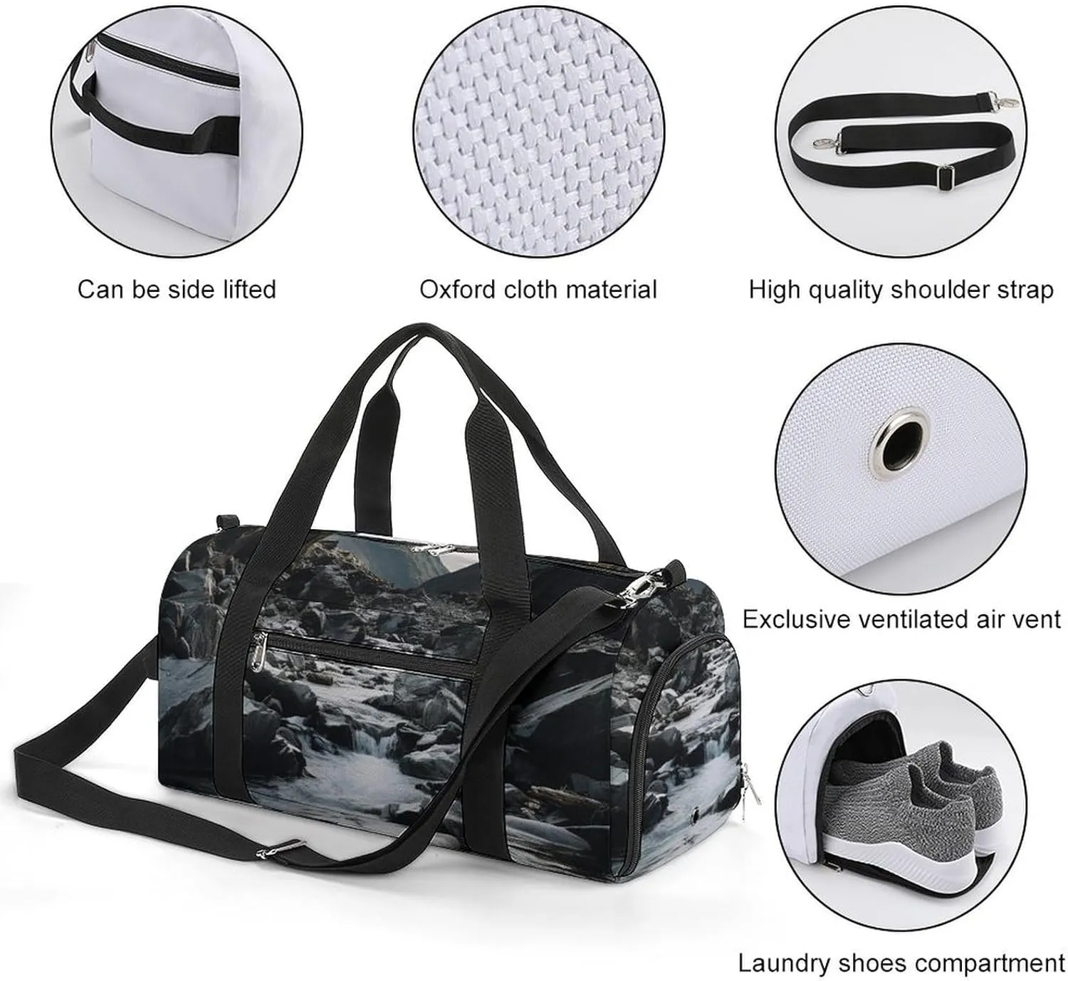 River And Gray Rocks Sports Gym Bag Carry on Holdalls for Men Small Duffel Bags for Women with Shoe Compartment