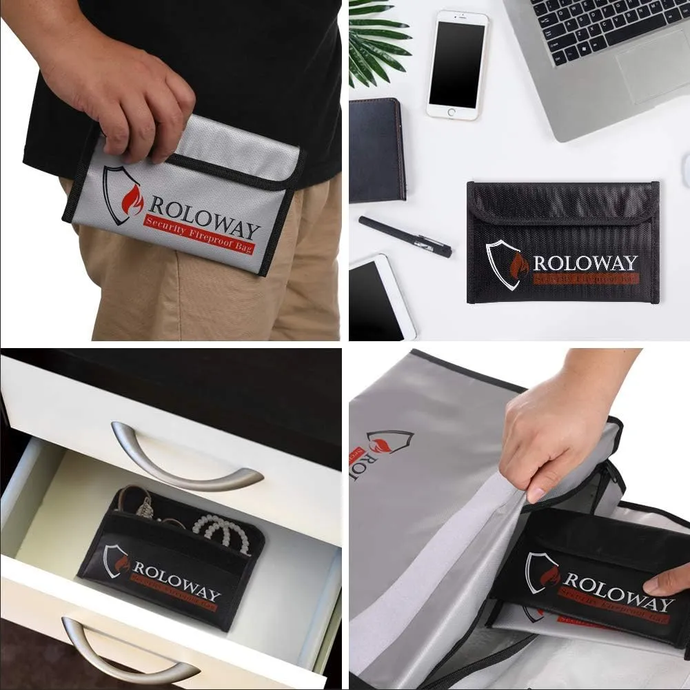 ROLOWAY Small Fireproof Bag (5 x 8 inches), Non-itchy Fireproof Money Bag for Cash, Valuables, Passport, Currency & Keys (2-Pack)