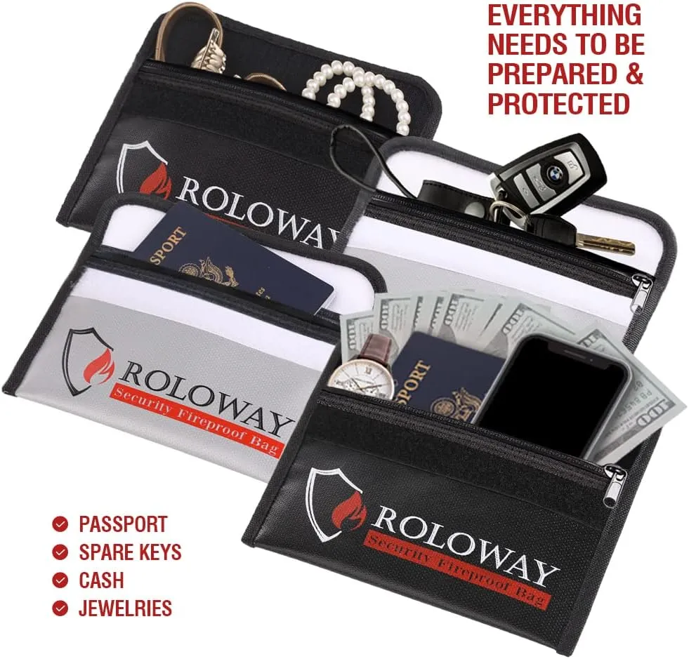ROLOWAY Small Fireproof Bag (5 x 8 inches), Non-itchy Fireproof Money Bag for Cash, Valuables, Passport, Currency & Keys (2-Pack)