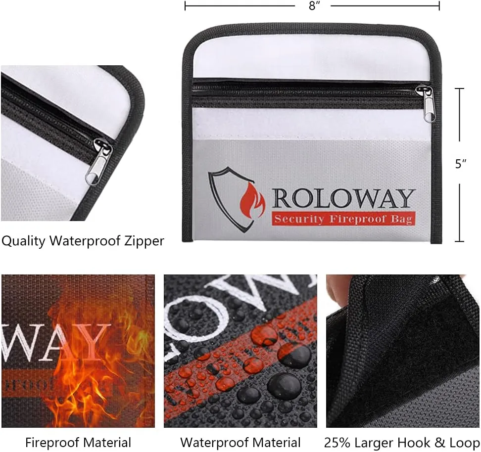ROLOWAY Small Fireproof Bag (5 x 8 inches), Non-itchy Fireproof Money Bag for Cash, Valuables, Passport, Currency & Keys (2-Pack)