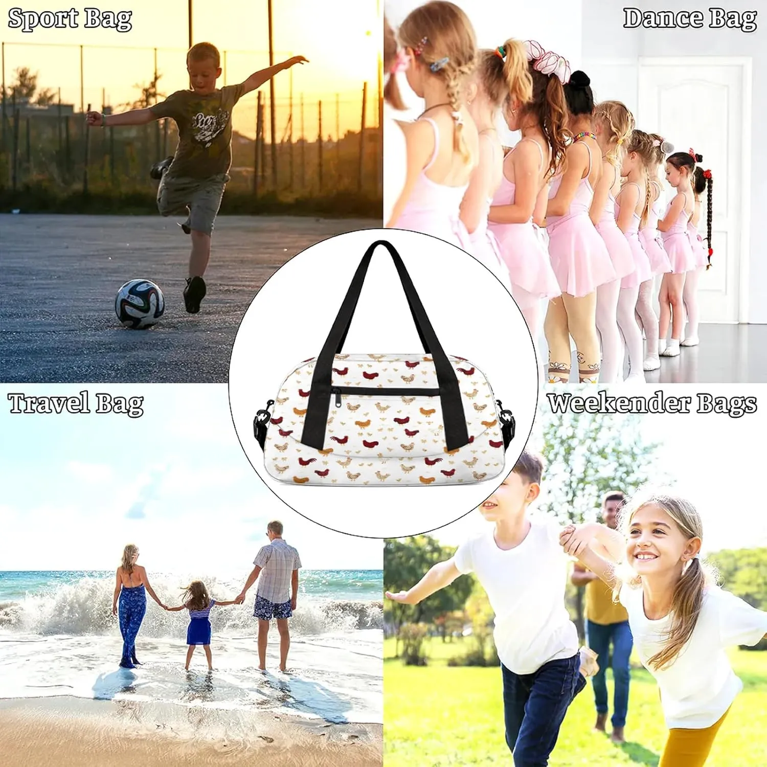 Rooster Pattern Kids Duffel Bag Lightweight Waterproof Sports Gym Bag with Front Zipper Pocket Foldable Weekender Overnight Bag for School Practice Gymnastic Ballet