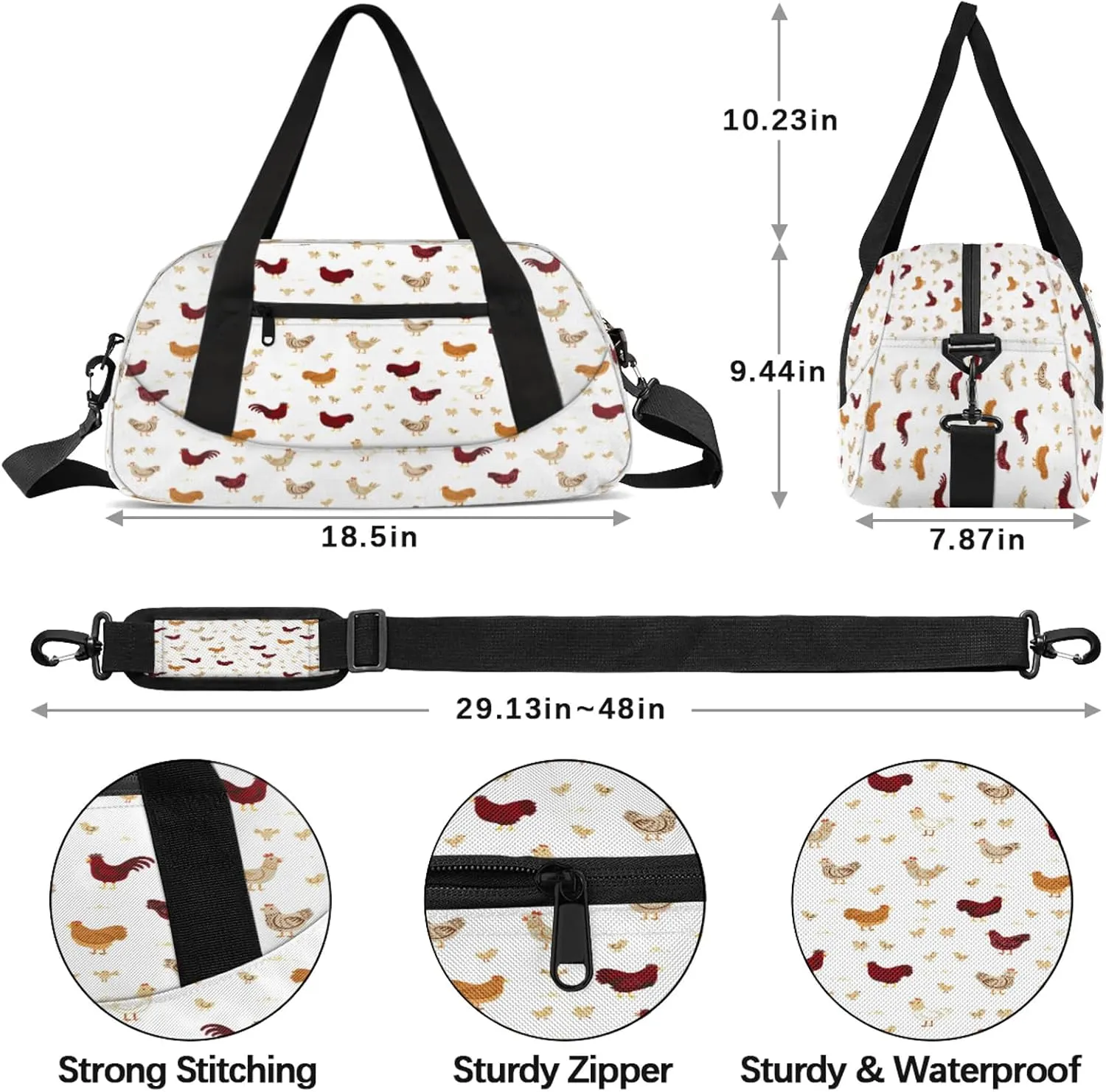 Rooster Pattern Kids Duffel Bag Lightweight Waterproof Sports Gym Bag with Front Zipper Pocket Foldable Weekender Overnight Bag for School Practice Gymnastic Ballet