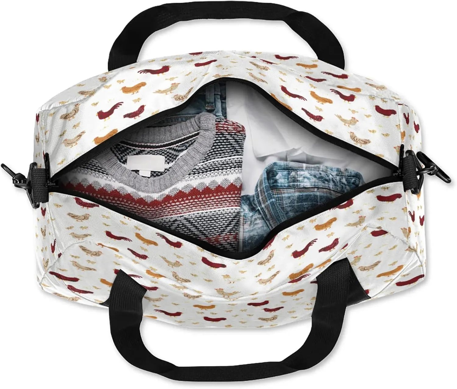 Rooster Pattern Kids Duffel Bag Lightweight Waterproof Sports Gym Bag with Front Zipper Pocket Foldable Weekender Overnight Bag for School Practice Gymnastic Ballet