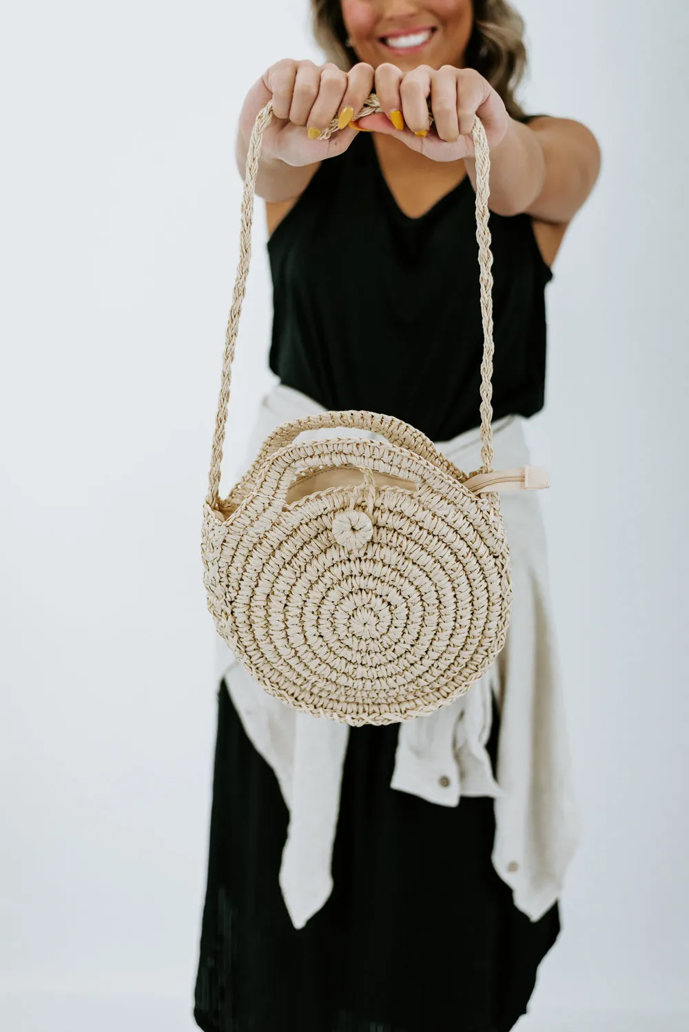 Round Straw Clutch, Cream