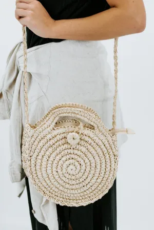 Round Straw Clutch, Cream