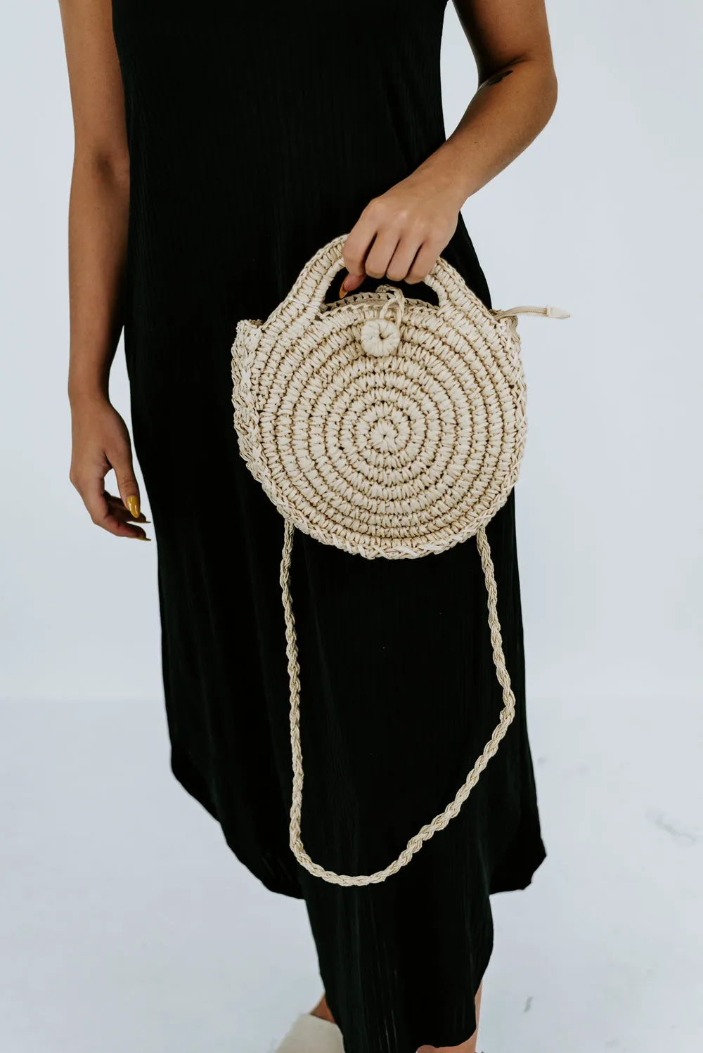Round Straw Clutch, Cream