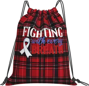 Rqwaaed Lung Cancer Awareness White Ribbon Fighting With Every Breath Versatile Drawstring Gym Bag Perfect Workouts Daily Essentials