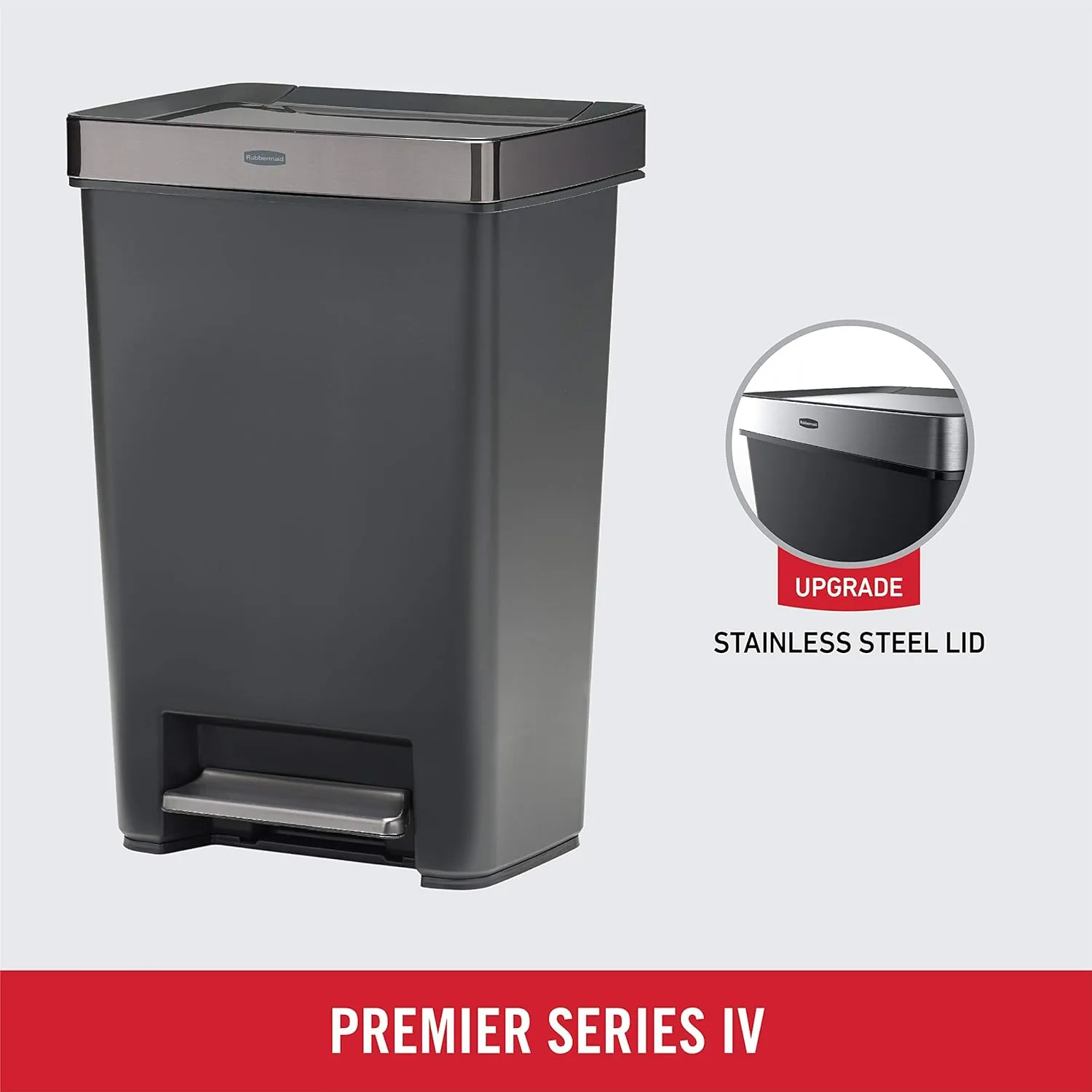 Rubbermaid Premier Series IV Step-On Trash Can for Home and Kitchen, 12.4 Gallon, Stainless Steel Lid Charcoal, for Home/Kitchen/Garage/Apartment/Office
