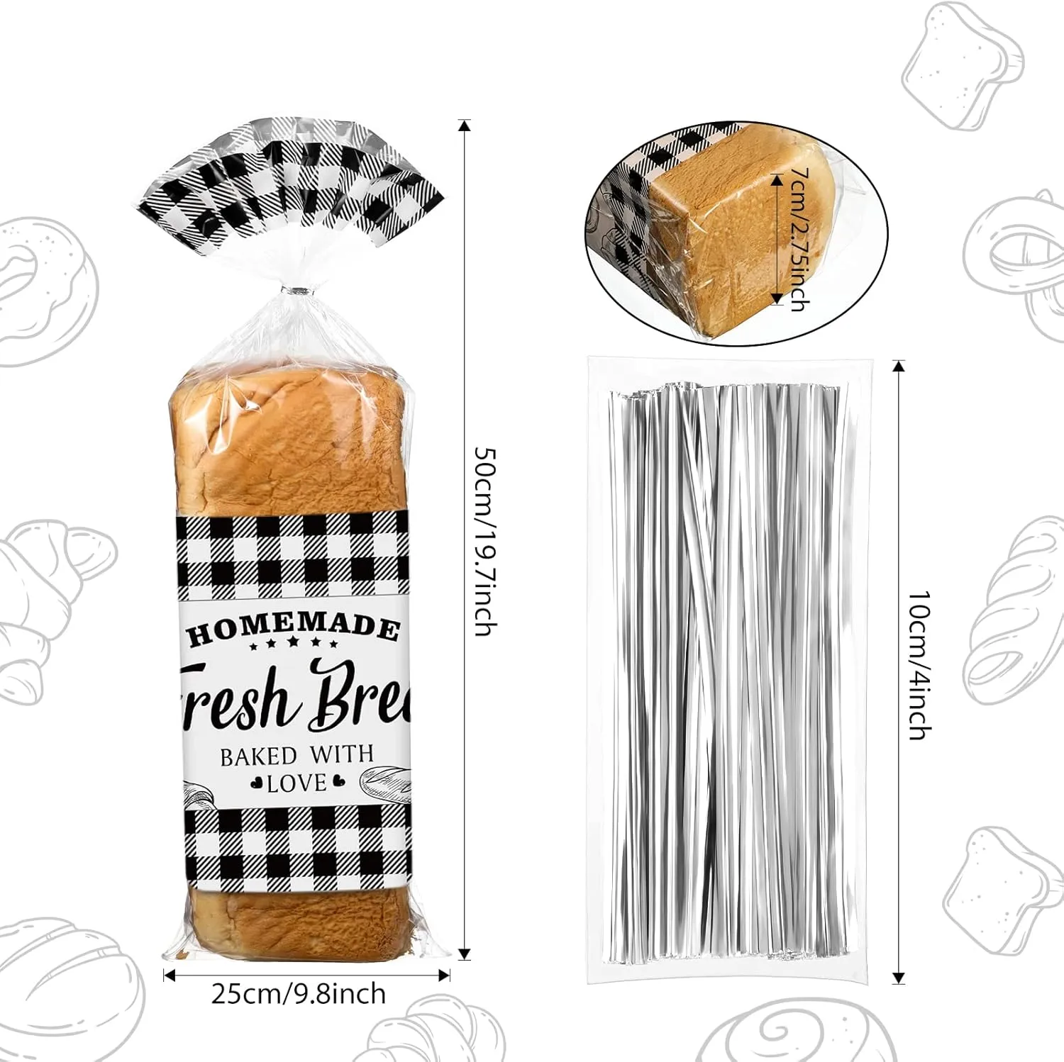 Sabary 100 Pcs Homemade Bread Bags with Ties Black Buffalo Plaid Bread Loaf Bags Plastic Clear Gift Storage for Home Bakers Bakery Christmas, 10 x 20 Inch