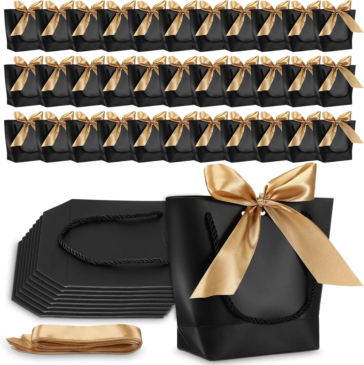 Sabary 50 Pack Black and Gold Gift Bags Bulk with Handles Mini Bridal Shower Gift Paper Bags with Bow Ribbon 8.3 x 6.7 x 2.8 Wedding Welcome Supplies for Guest Bridesmaid Birthday Holiday Party Favor