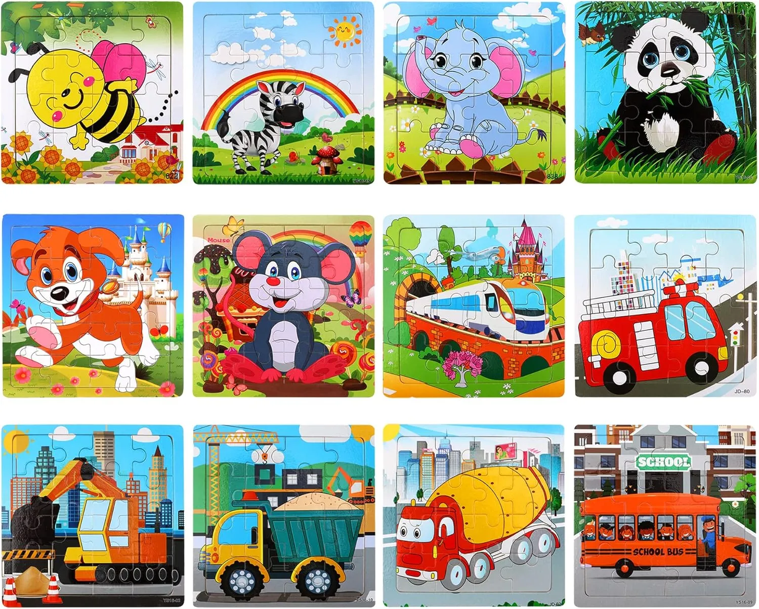 SANNIX 12 Pack Wooden Jigsaw Puzzles for Toddlers 3 4 5 Years Old, Party Favors Animals Jigsaw for Kids, Transportation Educational Puzzles Travel Toy with 12 Organize Bags