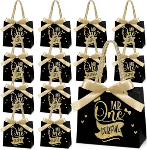 Saypacck 25 Pcs Mr Onederful Birthday Gift Bags Boys 1st Birthday Party Favors Wonderful 1st Gift Bags with Handles Baby 1st Birthday Decorations Treat Bag, 5.51 x 2.36 x 4.72 Inches (Black, Gold)