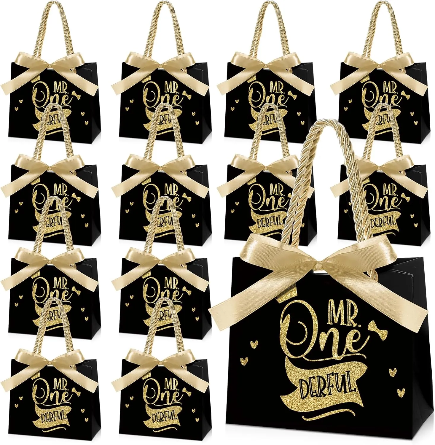 Saypacck 25 Pcs Mr Onederful Birthday Gift Bags Boys 1st Birthday Party Favors Wonderful 1st Gift Bags with Handles Baby 1st Birthday Decorations Treat Bag, 5.51 x 2.36 x 4.72 Inches (Black, Gold)